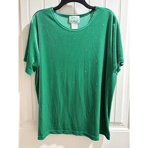 Quacker Factory Green Velvet Short Sleeve Stretchy Top Sz 1x Sparkles Vintage